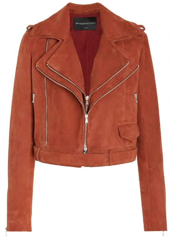 Double Layer Moto Jacket In Caramel Suede