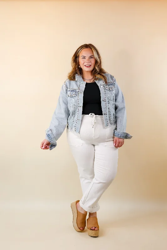 Instantly Impressed Cropped Denim Jacket with Silver Studs in Light Wash