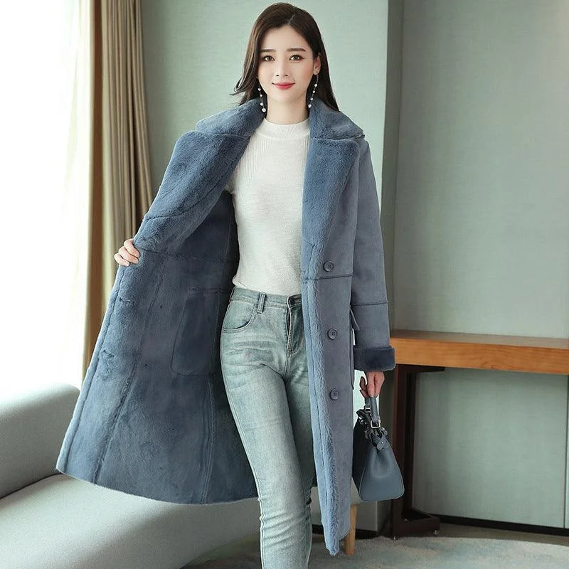 Korean style loose fur coat mid-length deerskin cotton jacket