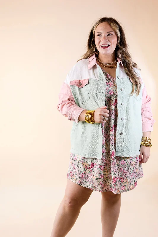 Style Mentor Color Block Button Up Jacket in Sage and Pink