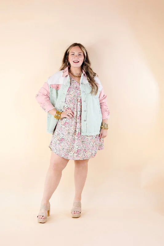 Style Mentor Color Block Button Up Jacket in Sage and Pink