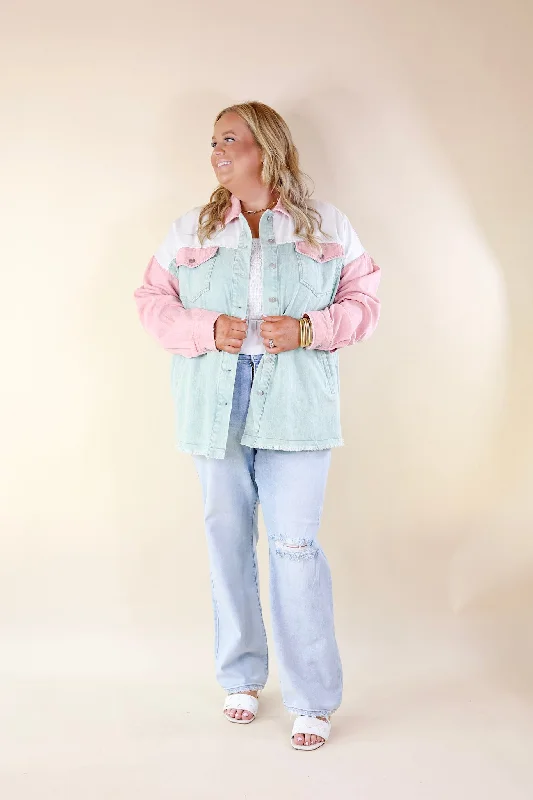 Style Mentor Color Block Button Up Jacket in Sage and Pink