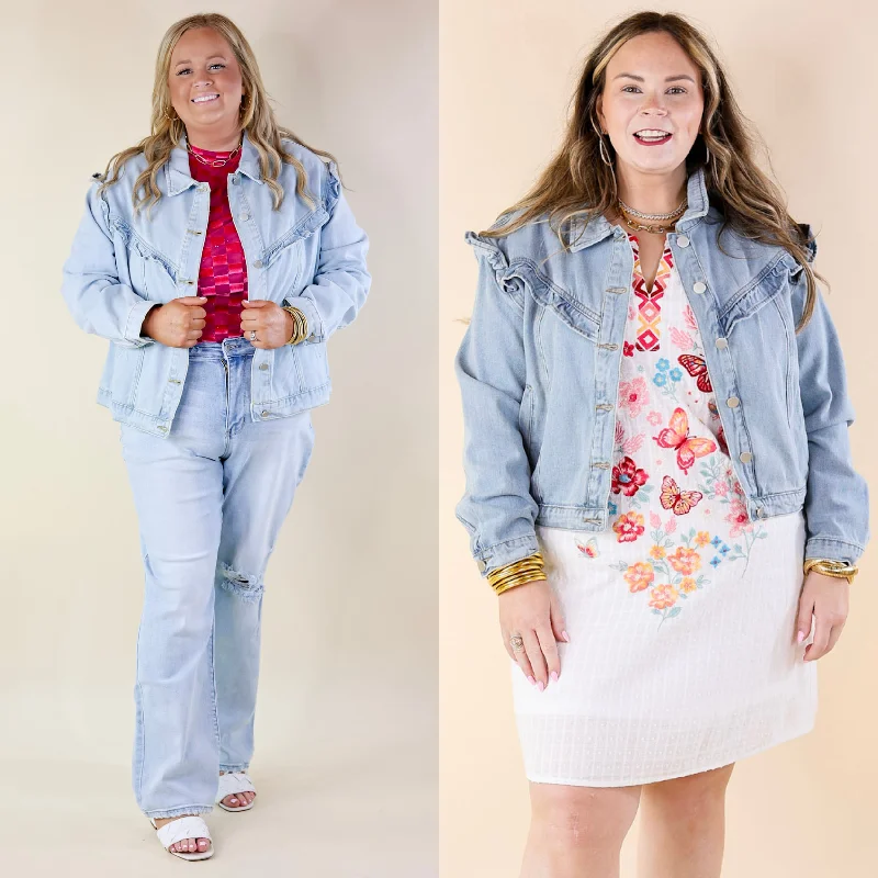 Sweeten the Deal Ruffle Detail Cropped Denim Jacket in Light Wash