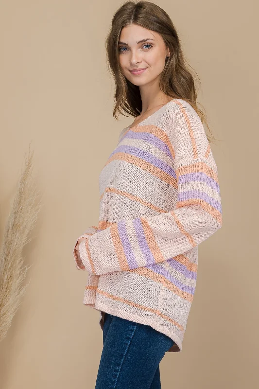 Tropical Pink Sunset Stripe Multi Color Pullover Knit Sweater