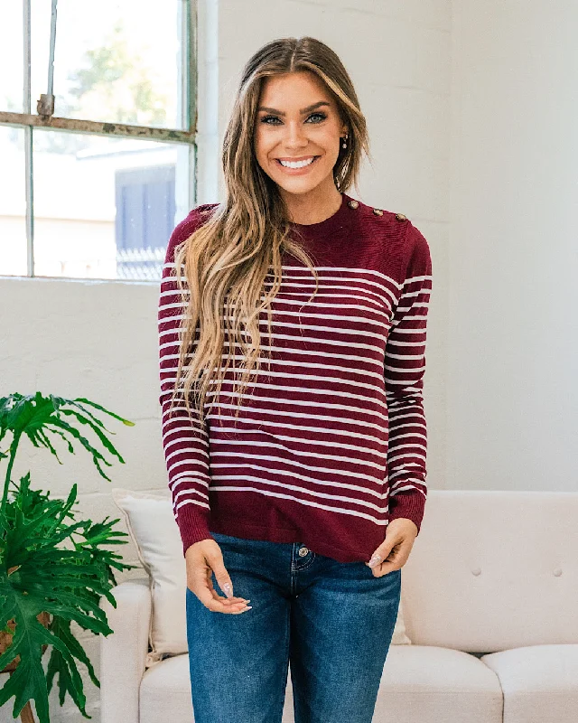 Maddie Burgundy Striped Button Shoulder Sweater FINAL SALE