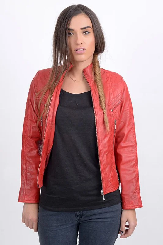 Women Red Bomber AWICLO F-L 33  Sheep Skin Leather Jacket