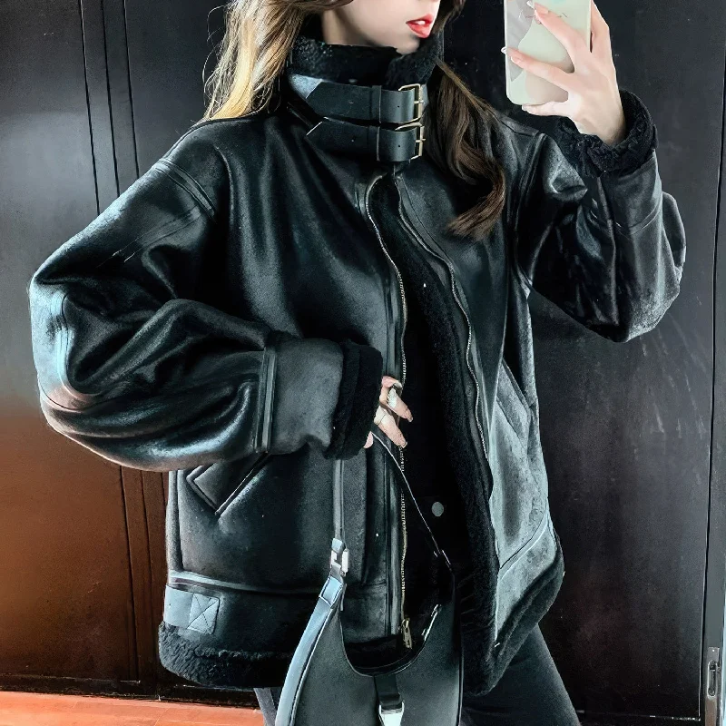 : Women’s Black Aviator Genuine Sheepskin Sherpa Shearling Faux Fur Lined Thick Winter Warm Streetwear Chic Flight Pilot Leather Jacket