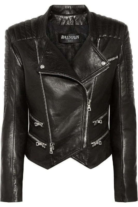 Black Leather Quilted Biker Jacket