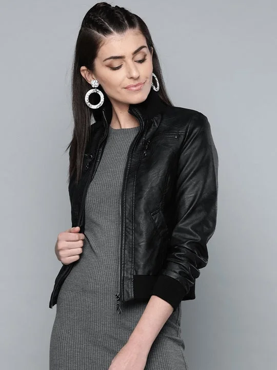 Black Solid Bomber Leather Jacket