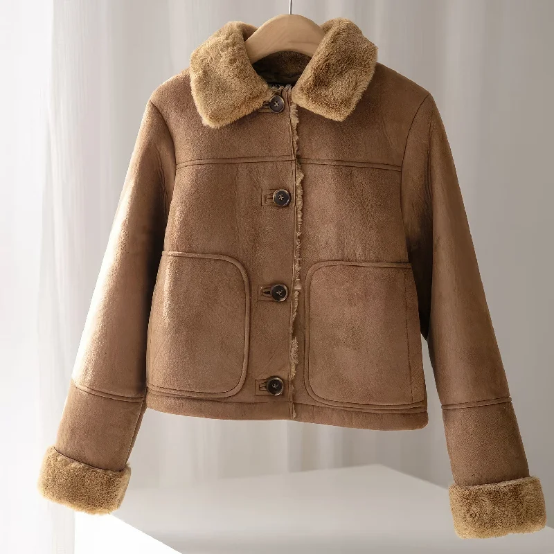 Cozy Brown Faux Fur-Lined Suede Jacket for Women: Vintage Style, Single-Breasted