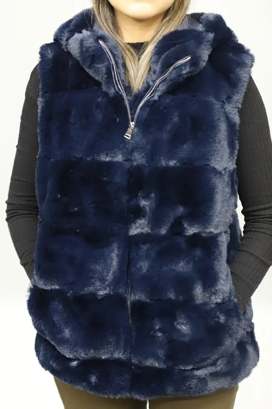 FAUX FUR HOODED VEST- NAVY