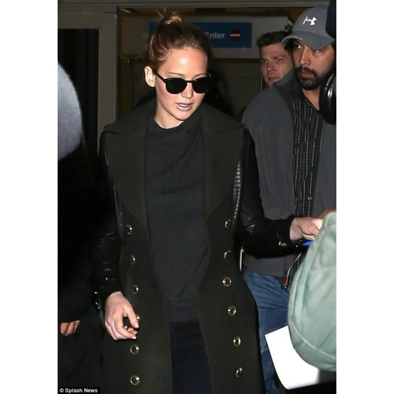 Jennifer Lawrence In Leather Sleeved Coat