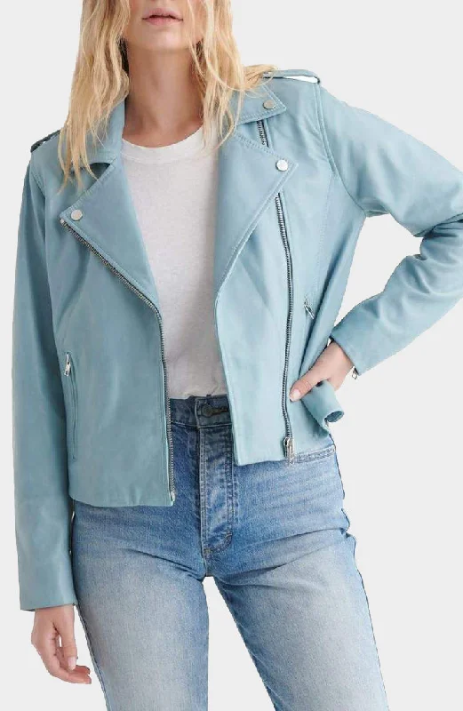 Light Blue Leather Moto Biker Jacket