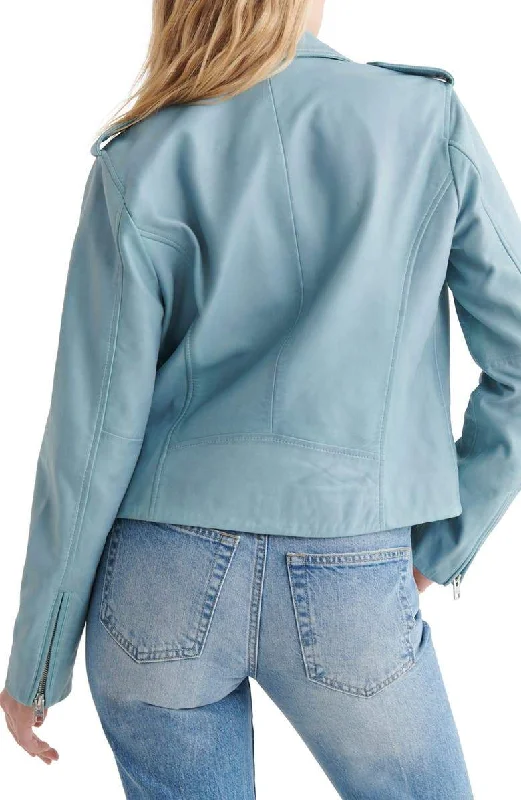 Light Blue Leather Moto Biker Jacket