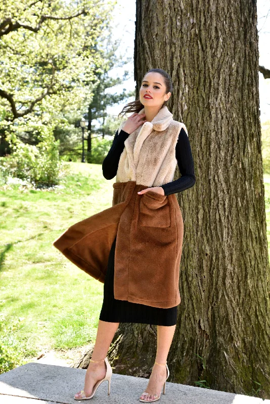 Long Faux Fur Reversible Vest - Taupe/Brown