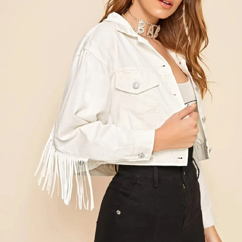 Stylish Women's White Denim Crop Top with Tassels - Perfect for Spring and Autumn - Casual and Classic Fringe Jeans Jacket