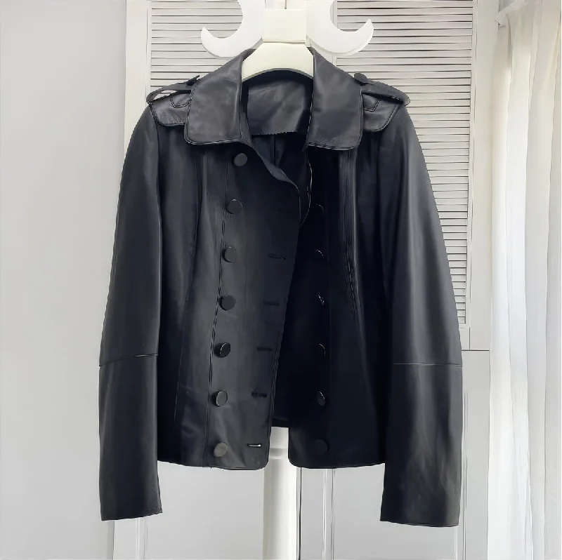 Women’s Black Genuine Sheepskin Double Breasted Winter Vintage Korean Fashion Chic Outfit Trendy Plain Leather Jacket