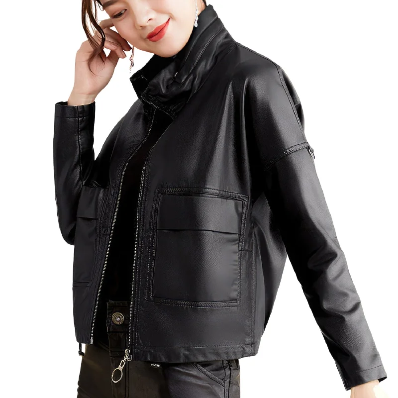 Women’s Black Genuine Sheepskin High Neck Korean Fashion Casual Classic Smooth Lightweight Slim Fit Leather Jacket