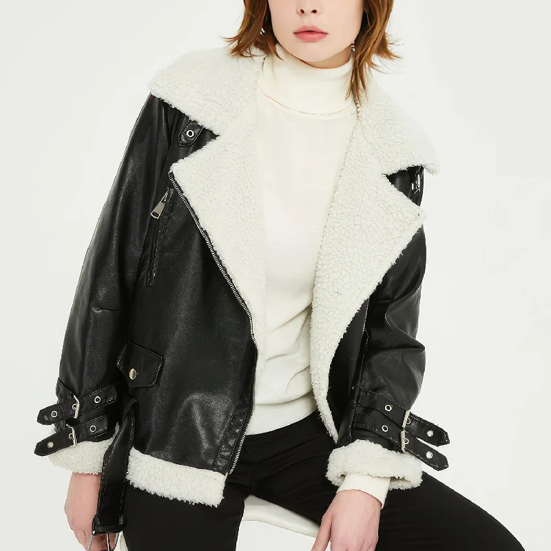 Women’s Black Genuine Sheepskin Sherpa Shearling Faux Fur Lined Winter Warm Korean style Asymmetric Zip-Up Leather Jacket