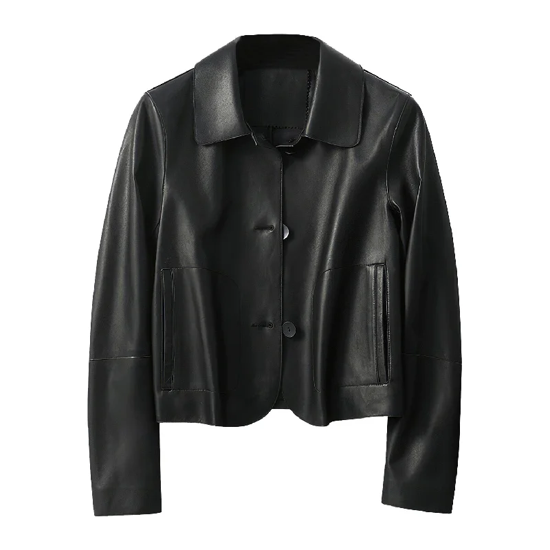 Women’s Black Genuine Sheepskin Shirt Collar Cropped Fashion Classic Style Lightweight Smooth Leather Jacket