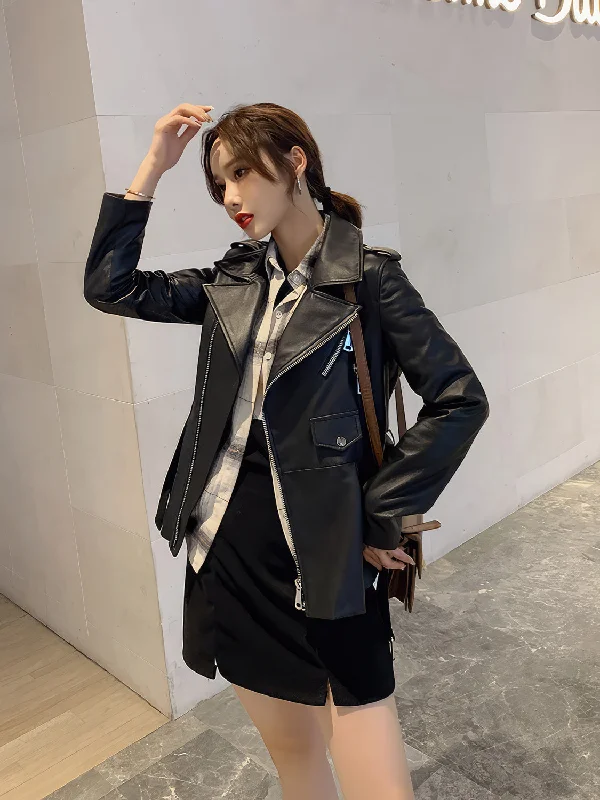 Women’s Black Genuine Sheepskin Suit Collar Motorcycle Pleated Korean Style Asymmetric Crossover Winter Leather Jacket