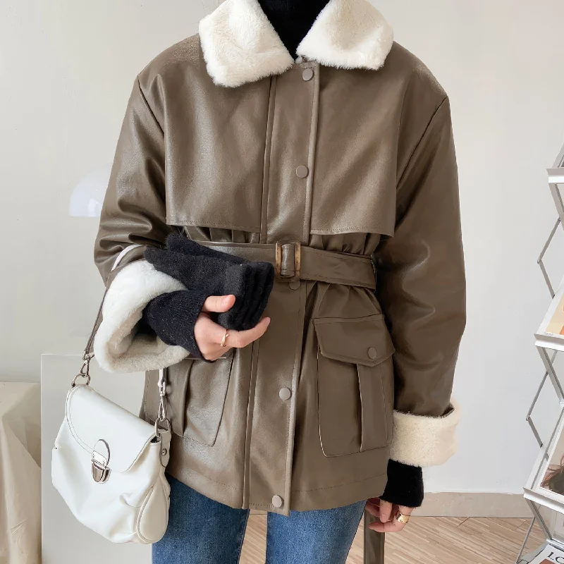 Women’s Brown Genuine Sheepskin Sherpa Shearling Faux Fur Lined Belted Winter Warm Casual Fashion Loose Leather Jacket