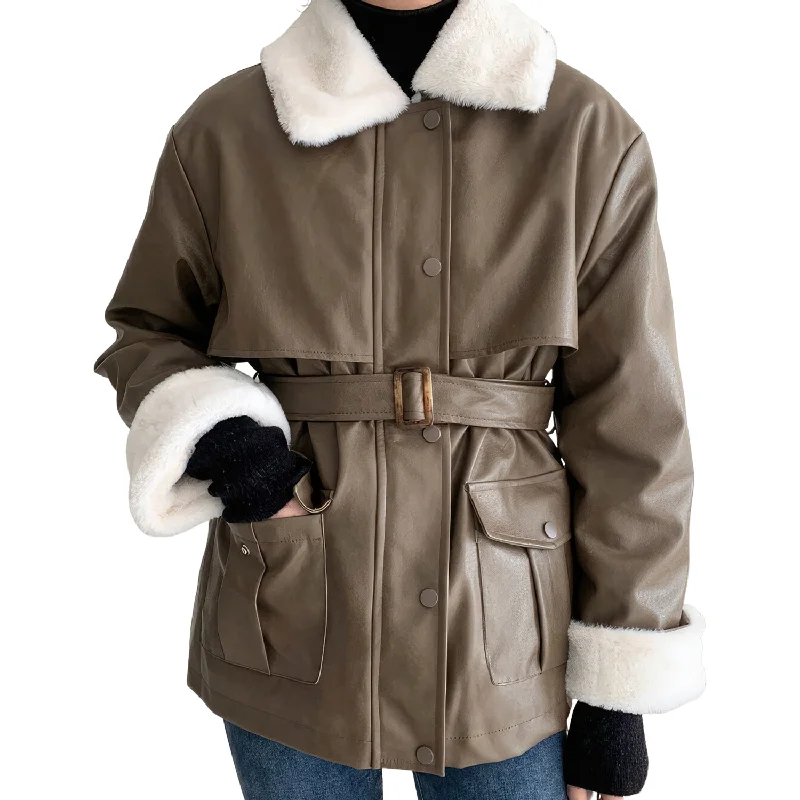 Women’s Brown Genuine Sheepskin Sherpa Shearling Faux Fur Lined Belted Winter Warm Casual Fashion Loose Leather Jacket