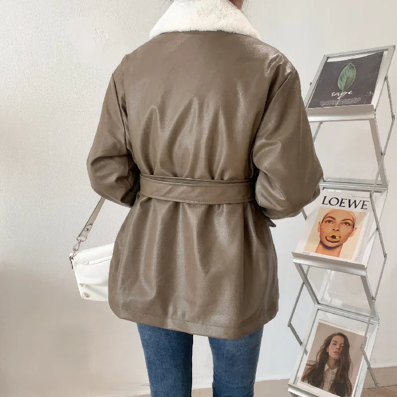 Women’s Brown Genuine Sheepskin Sherpa Shearling Faux Fur Lined Belted Winter Warm Casual Fashion Loose Leather Jacket