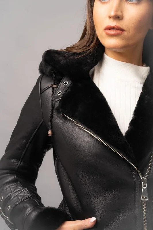 Womens Black Hooded Shearling Biker Leather Jacket