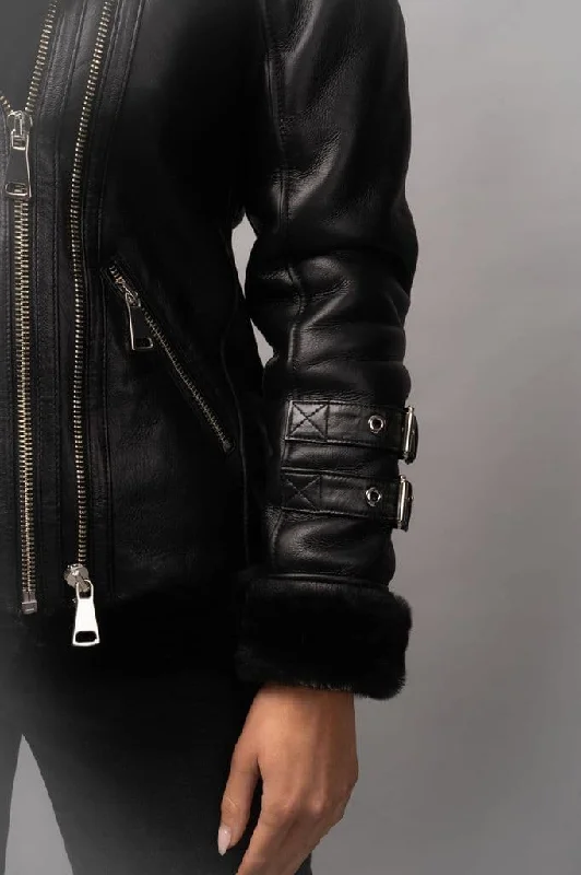 Womens Black Hooded Shearling Biker Leather Jacket