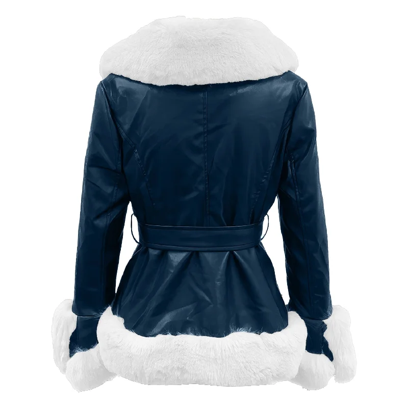 Women's Elegant Winter Warm Belted Casual Fluffy Leather Jacket with Genuine Sheepskin Sherpa Shearling and Faux Fur Trim""