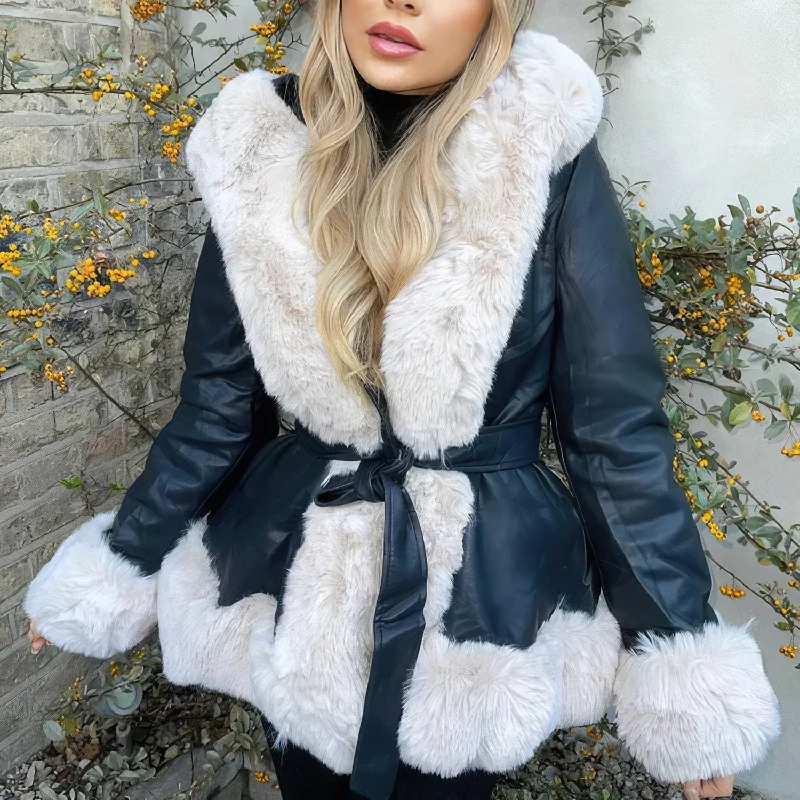 Women's Elegant Winter Warm Belted Casual Fluffy Leather Jacket with Genuine Sheepskin Sherpa Shearling and Faux Fur Trim""