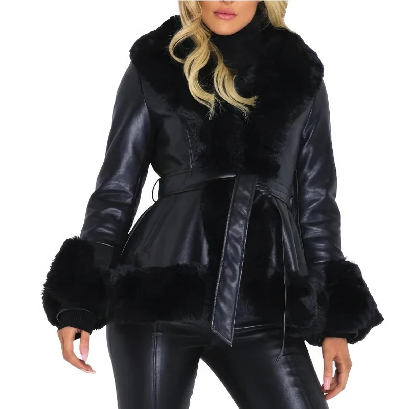 Women's Elegant Winter Warm Belted Casual Fluffy Leather Jacket with Genuine Sheepskin Sherpa Shearling and Faux Fur Trim""