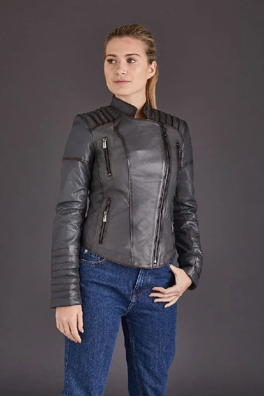 Womens Motorcycle Gray Leather Jacket