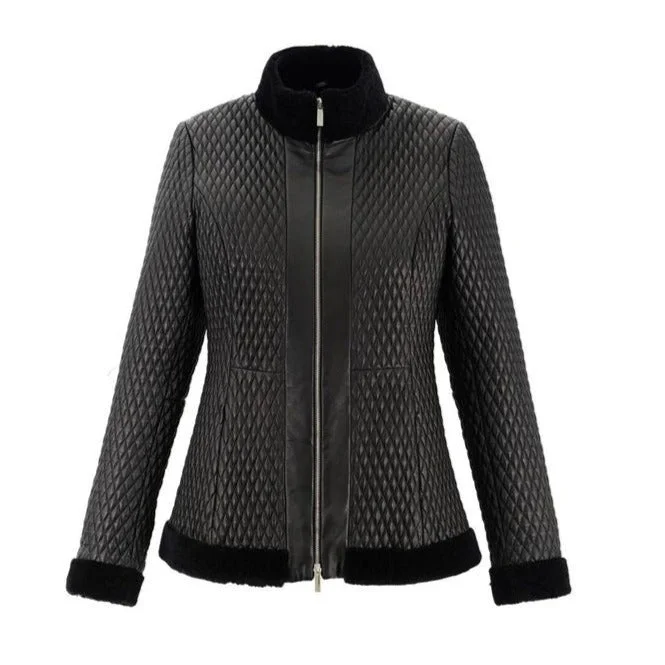 Women's Quilted Black Fur Leather Jacket