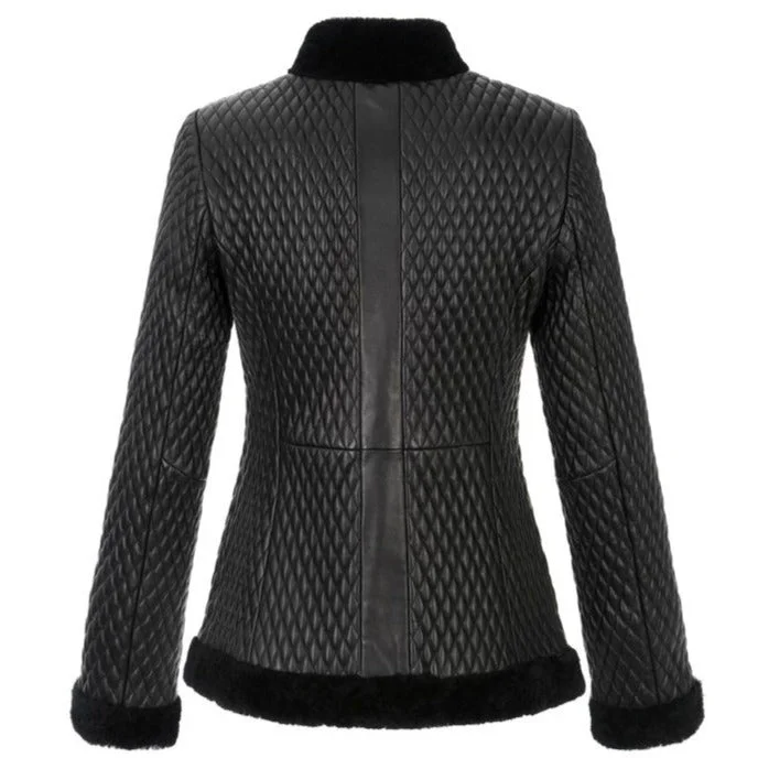 Women's Quilted Black Fur Leather Jacket