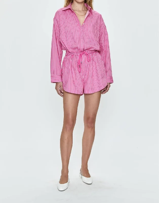 Amelie Long Sleeve Romper In Carnation Pink Stripe