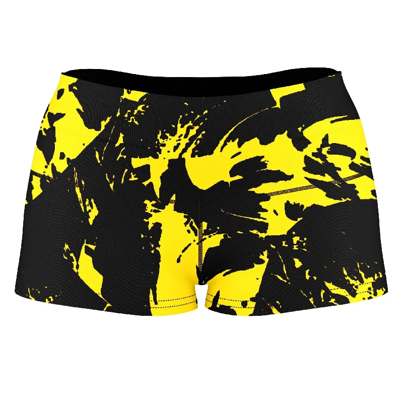 Black and Yellow Paint Splatter High-Waisted Women's Shorts