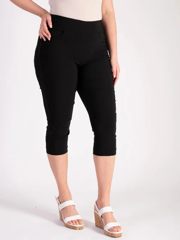 Black Bengaline Capri Pants with Circle Lace Side Seam Trim