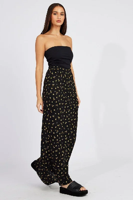 Black Floral Slip Skirt Maxi Linen Blend