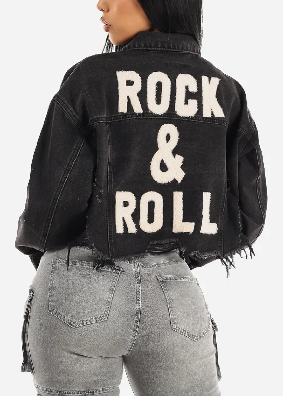 Black Graphic Cropped Denim Jacket ""Rock & Roll""