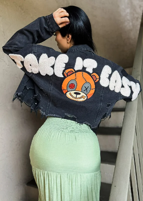 Black Graphic Cropped Denim Jacket ""Take It Easy""