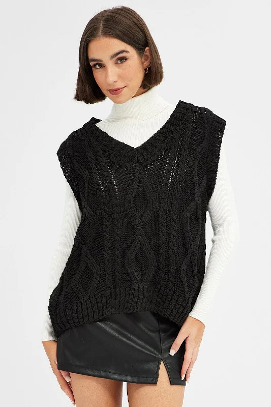 Black Knit Top Sleeveless Oversized Cable