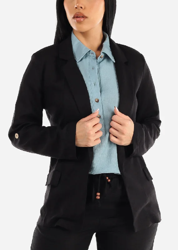 Black Linen Long Sleeve Open Front Blazer