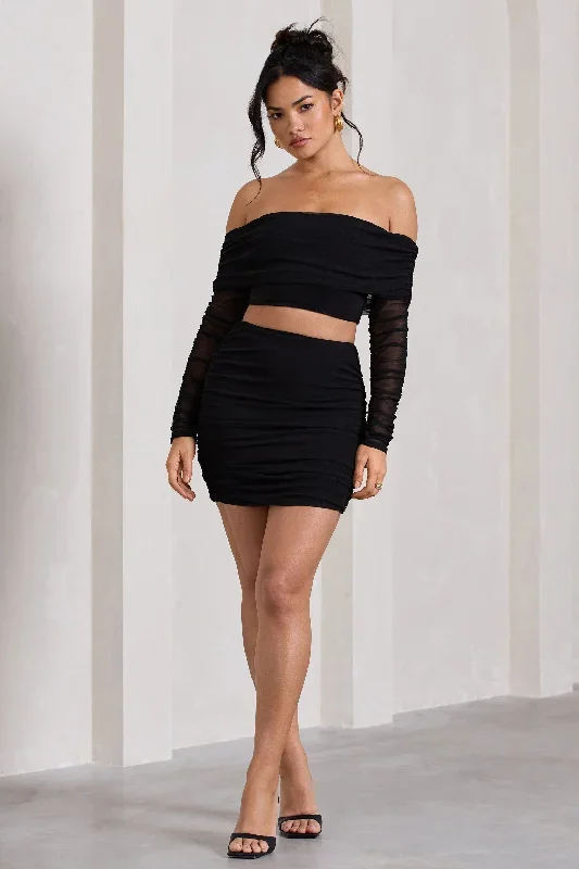 black-ruched-mesh-mini-skirt