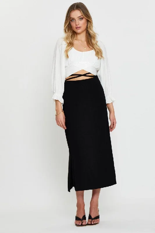 Black Tie Waist Midi Skirt