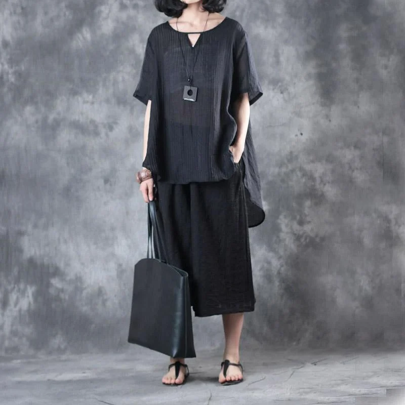 black vingage silk linen two pieces casual loose tops and crop wide leg pants