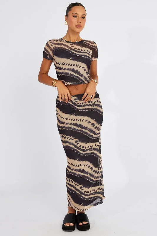 Brown Abstract Maxi Skirt High Rise Mesh