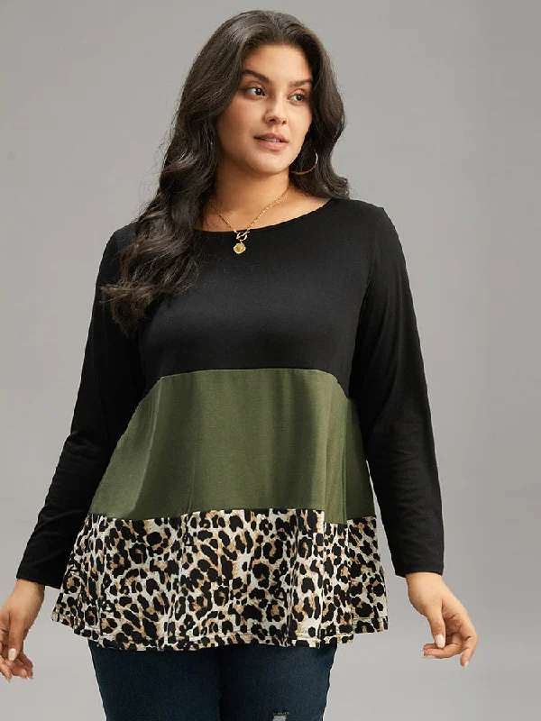 Colorblock Leopard Contrast Round Neck T-shirt