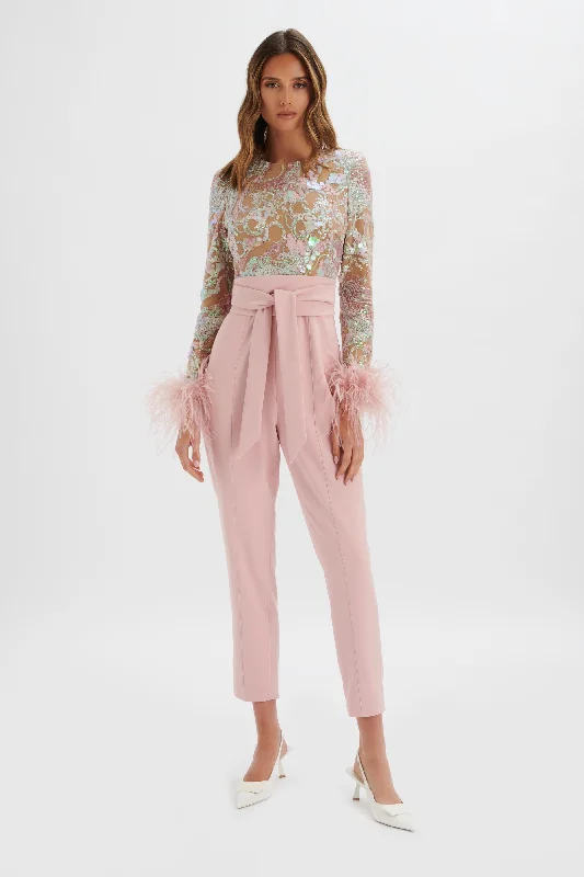 DELIA Embellished Feather Cuff Jumpsuit in Pink